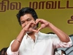 Actor and TVK chief Vijay gestures during a public meeting in Tamil Nadu.