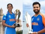 Harmanpreet Kaur with the Women's World Cup trophy and Rohit Sharma with the T20 World Cup 2024 trophy.