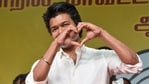 Actor and TVK chief Vijay gestures during a public meeting in Tamil Nadu. (PTI)