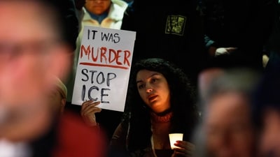 A young lady in Los Angeles holds a sign which reads ‘It was murder Stop ICE’ during a protest after federal agents killed a protester in Minneapolis on Saturday. (Caroline Brehman/AP) A young lady in Los Angeles holds a sign which reads ‘It was murder Stop ICE’ during a protest after federal agents killed a protester in Minneapolis on Saturday. (Caroline Brehman/AP)