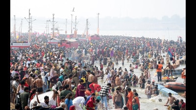 Devotees gather in large numbers at the Magh Mela Kshetra to take a holy dip at Sangam on the occasion of 'Achala Saptami', in Prayagraj on Sunday. (ANI) Devotees gather in large numbers at the Magh Mela Kshetra to take a holy dip at Sangam on the occasion of 'Achala Saptami', in Prayagraj on Sunday. (ANI)