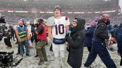 New England Patriots quarterback Drake Maye (10) speaks after the AFC Championship game (AP) New England Patriots quarterback Drake Maye (10) speaks after the AFC Championship game (AP)