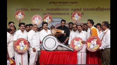 Tamilaga Vettri Kazhagam (TVK) president and actor Vijay during the state and district level consultative meeting of party functionaries, in Mamallapuram on Sunday. (@TVKPartyHQ) Tamilaga Vettri Kazhagam (TVK) president and actor Vijay during the state and district level consultative meeting of party functionaries, in Mamallapuram on Sunday. (@TVKPartyHQ)