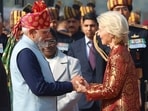 Prime Minister Narendra Modi receives President of the European Commission Ursula von der Leyen during the 77th Republic Day parade in New Delhi on Monday, January 26, 2026. President of the European Council António Costa and President of India Droupadi Murmu were also present there.
