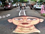 An art painted on the road during the ongoing protest against the RG Kar Medical College and Hospital rape-murder case, in Kolkata.