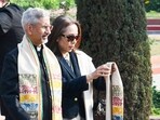 External Affairs Minister S. Jaishankar and his wife Kyoko Jaishankar arrive to attend the 'At Home' reception at Rashtrapati Bhavan on the occasion of the 77th Republic Day, in New Delhi on Monday.