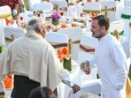 Congress president Mallikarjun Kharge and Leader of Opposition (Lok Sabha) Rahul Gandhi during the 'At Home' reception at Rashtrapati Bhavan on the occasion of the 77th Republic Day, in New Delhi on Monday.