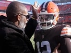 Cleveland Browns quarterback Shedeur Sanders greets his dad Deion Sanders. Cleveland Browns quarterback Shedeur Sanders greets his dad Deion Sanders.