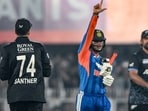 Abhishek Sharma celebrates after scoring a half-century during the third T20I between India and New Zealand
