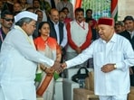 Karnataka governor Thaawarchand Gehlot greets CM Siddaramaiah during the 77th Republic Day celebrations at Manekshaw Parade Ground in Bengaluru on Monday. (@siddaramaiah X)