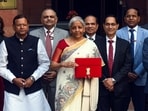 Finance Minister Nirmala Sitharaman with her colleagues at the finance ministry before presentation of Union Budget 2025 on 1 February 2026.