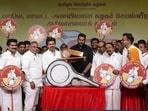 Tamilaga Vettri Kazhagam (TVK) president and actor Vijay during the state and district level consultative meeting of party functionaries, in Mamallapuram on Sunday. (@TVKPartyHQ)