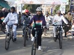 The 10-km cycling rally became a stirring tribute to India’s armed forces and the collective spirit of the nation. (Sameer Sehgal/HT)