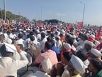 The march took its first halt on the acres of baron land at Rahul Bahula in Nashik and will resume on Monday towards Shahapur. (HT)