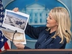 White House Press Secretary Karoline Leavitt displays a rendering for a new White House ballroom. White House Press Secretary Karoline Leavitt displays a rendering for a new White House ballroom.