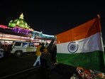 Vidhan Bhavan in Lucknow decked up in the colours of the National Flag on Republic Day’s eve (Deepak Gupta/HT)