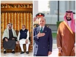 L: India's Prime Minister Narendra Modi (R) and UAE President in New Delhi in Jan, 2026 | R: File photo of Saudi Crown Prince Mohammed bin Salman (R) and Pakistan Prime Minister Shehbaz Sharif 
