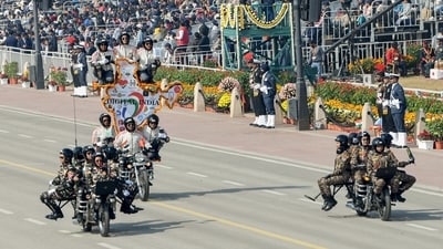 SSB and CRPF women personnel perform a daredevil stunt on bikes during the Republic Day parade, at Kartavya Path (ANI)