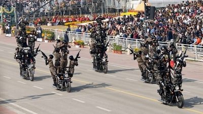 SSB and CRPF personnel perform stunts and showcase formations on two-wheelers during the Republic Day parade, at Kartavya Path&nbsp; (ANI)