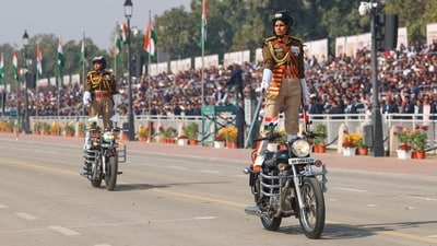 Women SSB personnel perform a daredevil stunt on Monday during the 77th Republic Day Parade. (ANI)