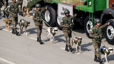 Him Yodha contingent of the Indian Army marches along with army dogs at New Delhi's Kartavya Path during the 77th Republic Day parade. (ANI)