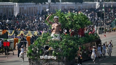 Tableau from Chhattisgarh state take part in India's 77th Republic Day parade at Kartavya Path in Delhi on January 26.&nbsp; (AFP)