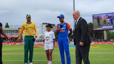 Aiden Markram and Suryakumar Yadav during toss in a T20I match. (BCCI X) Aiden Markram and Suryakumar Yadav during toss in a T20I match. (BCCI X)