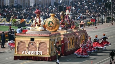 Rajasthan's state tableau takes part in the ceremonial parade on the occasion of the 77th Republic Day celebrations in New Delhi's Kartavya Path today. (AFP)