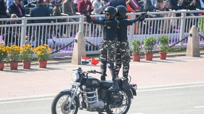 Soldiers showcase a daring motorcycle stunt during India’s 77th Republic Day parade at Kartavya Path in New Delhi on Monday, January 26, 2026. (Raj K Raj/HT Photo)