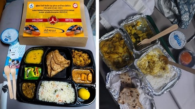 Two pics capture the difference between Vande Bharat Sleeper's inaugural vs commercial run meals. (X/@UdayChatterje) Two pics capture the difference between Vande Bharat Sleeper's inaugural vs commercial run meals. (X/@UdayChatterje)