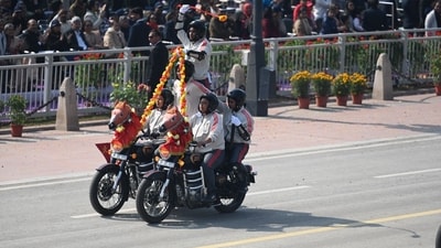 A team of daredevils performing a stunt during Republic Day parade at Kartavya Path, New Delhi. (Raj K Raj/HT Photo)