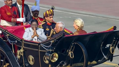 President Droupadi Murmu arrives with European Commission President Ursula von der Leyen and European Council President Antonio Costa in the ceremonial buggy during the 77th Republic day ceremonial parade, at Kartavya Path in New Delhi. (YT/@NarendraModi)