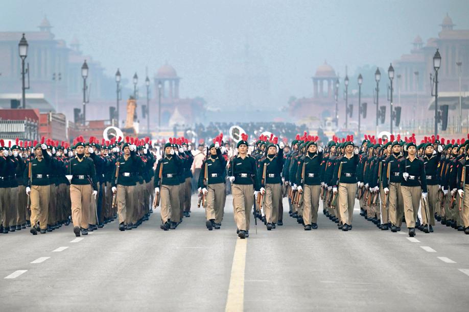 A glimpse of the NCC women’s contingent rehearsing ahead of the Republic Day parade at Kartavya Path (Photo: Arun Sankar/AFP) A glimpse of the NCC women’s contingent rehearsing ahead of the Republic Day parade at Kartavya Path (Photo: Arun Sankar/AFP)