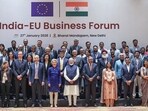 India-EU trade deal LIVE: Prime Minister Narendra Modi, with European Commission President Ursula von der Leyen, in a group picture during the India–EU Business Forum, in New Delhi on Tuesday
