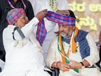 Karnataka CM Siddaramaiah and deputy CM DK Shivakumar during the 'Save NREGA' rally organised by the Congress at Freedom Park, Bengaluru, on Tuesday.