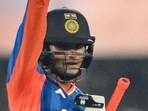 Abhishek Sharma celebrates after scoring a half-century in the third T20I. (AFP)