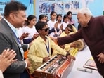 Bihar chief minister Nitish Kumar visits stalls during Samriddhi Yatra at Madhubani on Tuesday. (HT Photo)