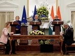 External affairs minister S Jaishankar and EU foreign and security policy chief Kaja Kallas sign an EU–India Security and Defence Partnership agreement, as European Commission President Ursula von der Leyen, Indian Prime Minister Narendra Modi and European Council President Antonio Costa applaud next to them (REUTERS)