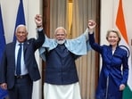 Prime Minister Narendra Modi, with President of the European Council António Luis Santos da Costa, and President of the European Commission Ursula von der Leyen, at Hyderabad House, in New Delhi on Tuesday.