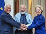 Prime Minister Narendra Modi with European Council President António Luís Santos da Costa and European Commission President Ursula von der Leyen, at Hyderabad House in New Delhi on Tuesday.