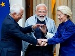 PM Narendra Modi (C) with European Council President Antonio Costa (L) and European Commission President Ursula von der Leyen during their meeting at Hyderabad House, New Delhi, on Tuesday, January 27, 2026.