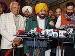 Punjab chief minister Bhagwant Mann addressing the joint press conference as his Haryana counterpart Nayab Singh Saini looks on in Chandigarh on Tuesday. They are flanked by irrigation ministers Barinder Goyal and Shruti Choudhary. (HT Photo) Punjab chief minister Bhagwant Mann addressing the joint press conference as his Haryana counterpart Nayab Singh Saini looks on in Chandigarh on Tuesday. They are flanked by irrigation ministers Barinder Goyal and Shruti Choudhary. (HT Photo)