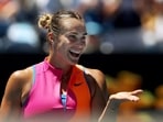 Belarus' Aryna Sabalenka celebrates after winning her quarter final match against Iva Jovic of the U.S.