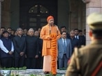 UP chief minister Yogi Adityanath addressing a gathering on the occasion of 77th Republic Day in Lucknow. (Sourced)