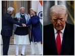 L: European Council President Antonio Costa, European Commission President Ursula von der Leyen and Prime Minister Narendra Modi | R: US President Donald Trump