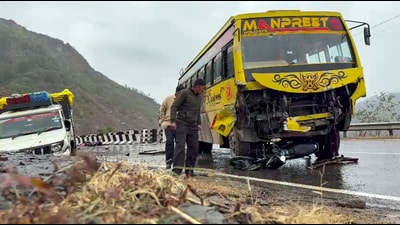 A view of damaged vehicles after a road accident which led to the death of four, including one CRPF personnel, on the Jammu-Srinagar National Highway, in Udhampur on Tuesday. (ANI Video Grab) A view of damaged vehicles after a road accident which led to the death of four, including one CRPF personnel, on the Jammu-Srinagar National Highway, in Udhampur on Tuesday. (ANI Video Grab)