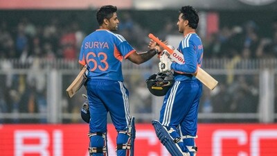 Abhishek Sharma (R) and captain Suryakumar Yadav celebrate India's win at the end of the third T20I against ew Zealand in Guwahati (AFP) Abhishek Sharma (R) and captain Suryakumar Yadav celebrate India's win at the end of the third T20I against ew Zealand in Guwahati (AFP)