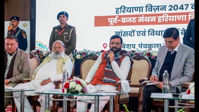 Haryana chief minister Nayab Saini during a pre-budget meeting with MPs, cabinet ministers and MLAs of Haryana in Panchkula on Tuesday. (@NayabSainiBJP X) Haryana chief minister Nayab Saini during a pre-budget meeting with MPs, cabinet ministers and MLAs of Haryana in Panchkula on Tuesday. (@NayabSainiBJP X)