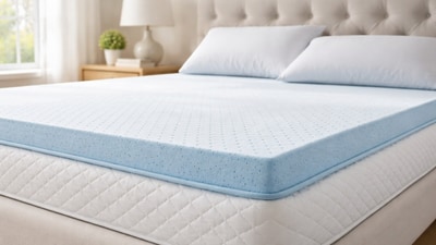 Soft memory foam mattress topper layered on a bed, showing plush texture and added height for comfort and spinal alignment. (Ai generated) Soft memory foam mattress topper layered on a bed, showing plush texture and added height for comfort and spinal alignment. (Ai generated)