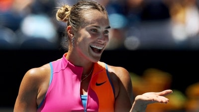 Belarus' Aryna Sabalenka celebrates after winning her quarter final match against Iva Jovic of the U.S. (REUTERS)